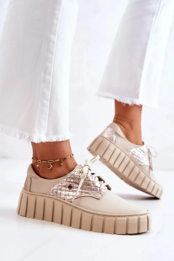 Zazoo Półbuty Skórzane*Skórzane Półbuty Na Platformie Beżowe Hypnosis