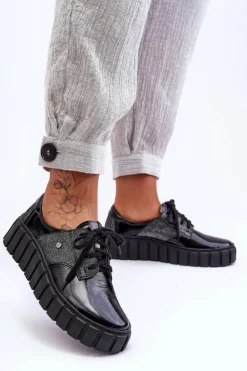 Damskie Zazoo Skórzane Półbuty Na Platformie Czarne Lemar Hypnosis