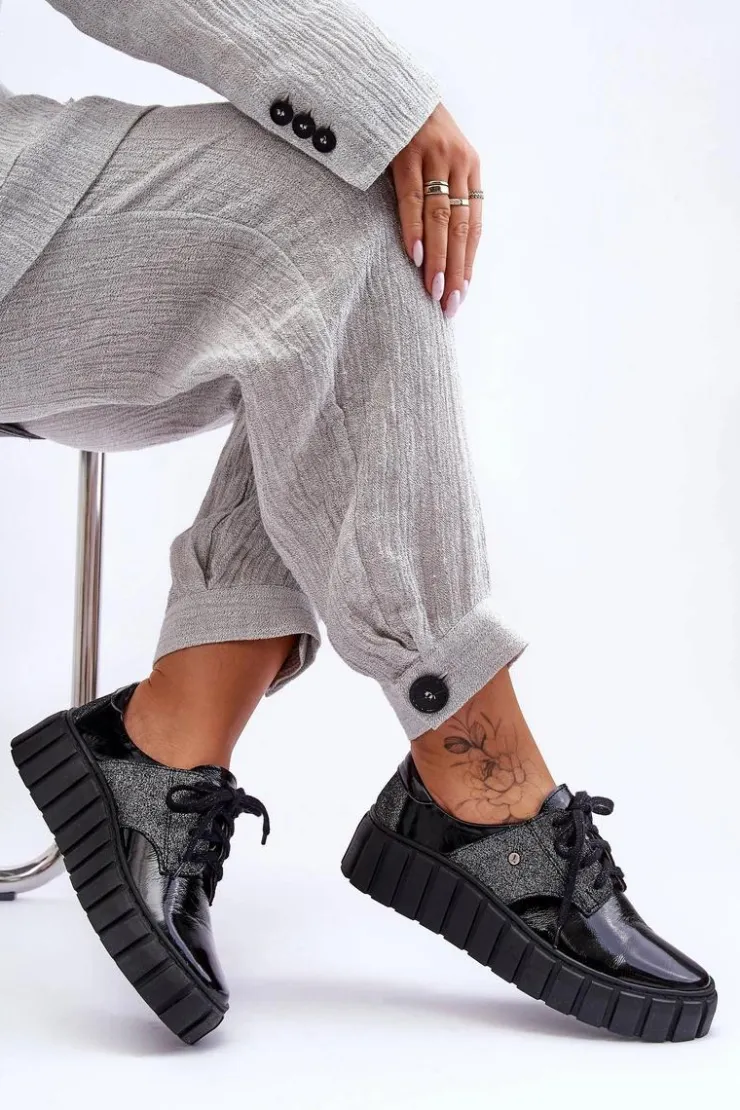 Damskie Zazoo Skórzane Półbuty Na Platformie Czarne Lemar Hypnosis