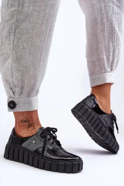 Damskie Zazoo Skórzane Półbuty Na Platformie Czarne Lemar Hypnosis