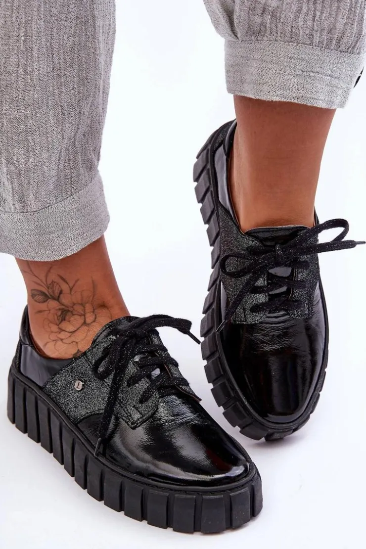 Damskie Zazoo Skórzane Półbuty Na Platformie Czarne Lemar Hypnosis