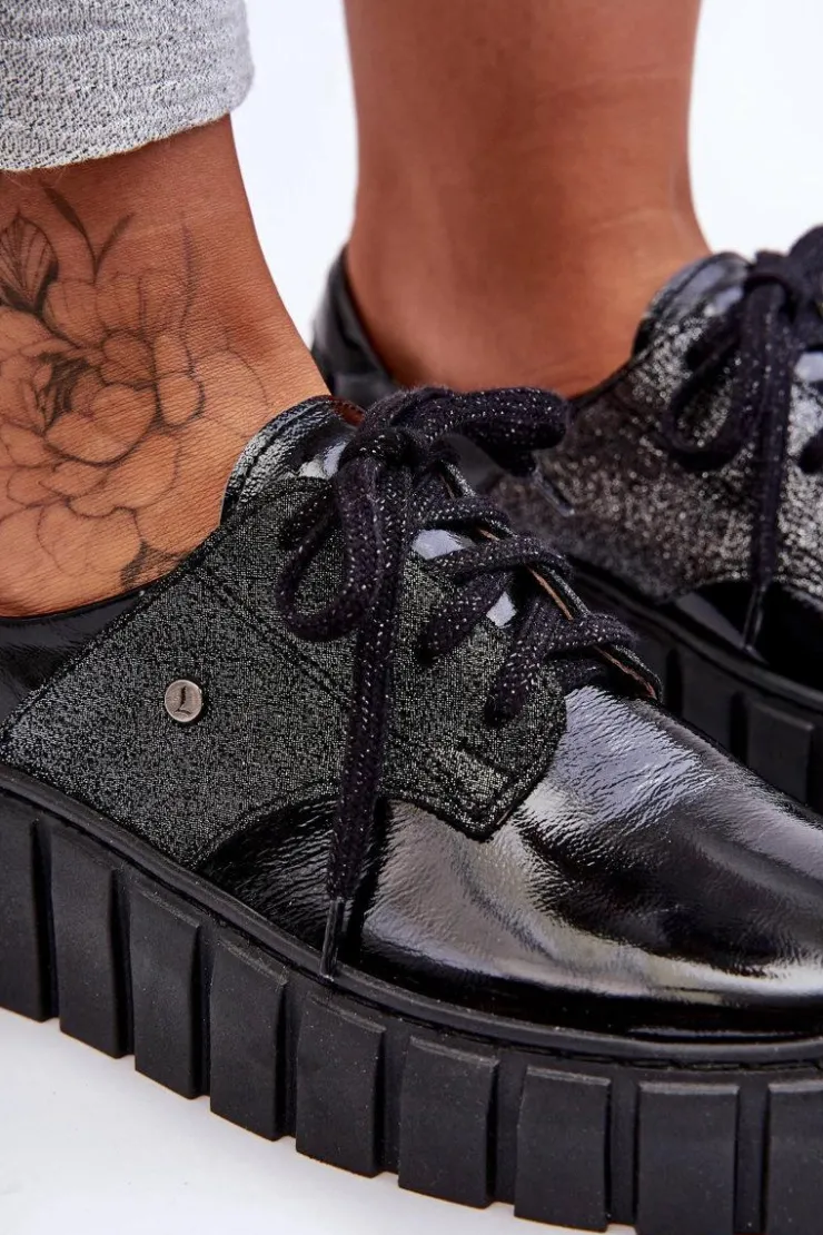 Damskie Zazoo Skórzane Półbuty Na Platformie Czarne Lemar Hypnosis