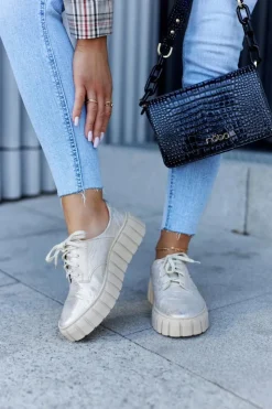 Zazoo Półbuty Skórzane*Skórzane Półbuty Na Platformie Beżowo-Złote Hypnosis