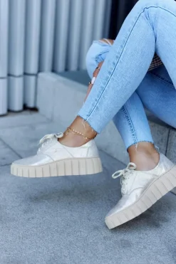 Zazoo Półbuty Skórzane*Skórzane Półbuty Na Platformie Beżowo-Złote Hypnosis