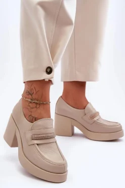 Boto Półbuty Skórzane*Skórzane Półbuty Na Słupku Z Ozdobą Beżowe Lemar Gelanor Beżowy
