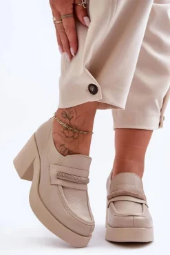 Boto Półbuty Skórzane*Skórzane Półbuty Na Słupku Z Ozdobą Beżowe Lemar Gelanor Beżowy