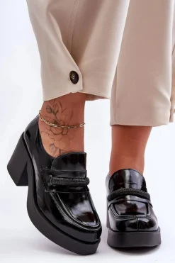 Damskie Boto Skórzane Półbuty Na Słupku Z Ozdobą Czarne Lemar Gelanor