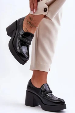 Damskie Boto Skórzane Półbuty Na Słupku Z Ozdobą Czarne Lemar Gelanor