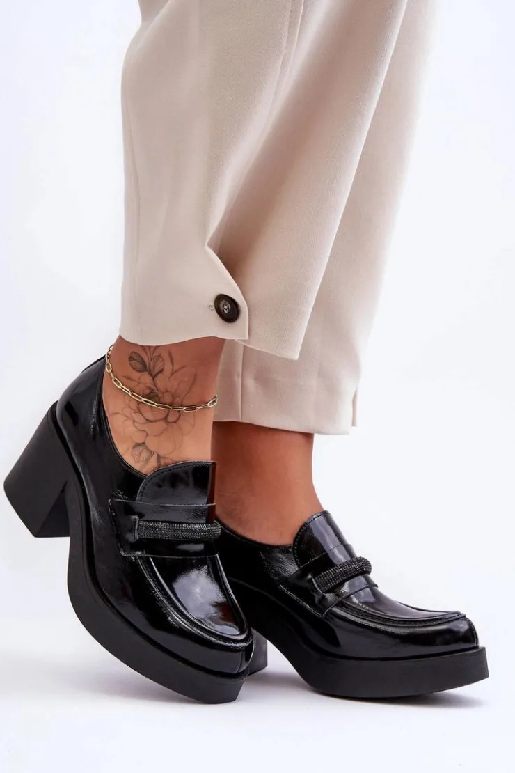 Damskie Boto Skórzane Półbuty Na Słupku Z Ozdobą Czarne Lemar Gelanor