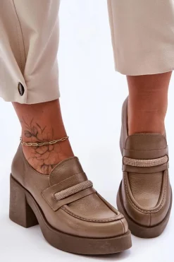 Clearance Boto Skórzane Półbuty Na Słupku Z Ozdobą Ciemnobeżowe Lemar Gelanor Beżowy