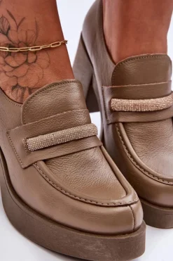 Clearance Boto Skórzane Półbuty Na Słupku Z Ozdobą Ciemnobeżowe Lemar Gelanor Beżowy