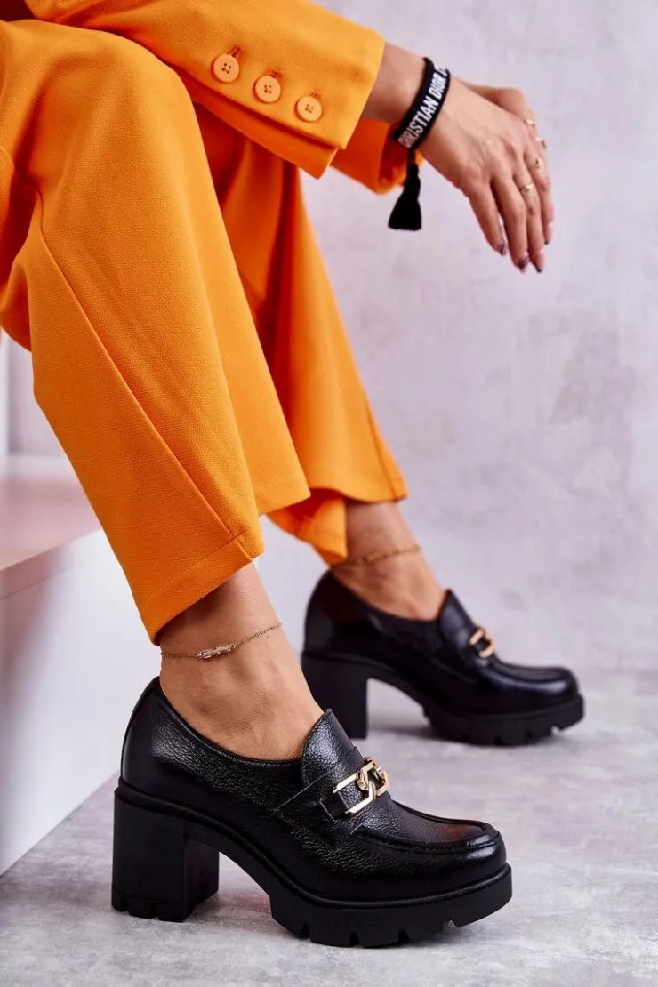 Boto Półbuty Lakierowane|Półbuty Skórzane*Skórzane Półbuty Na Słupku Ze Złotą Ozdobą Czarne Lemar Mikeyla Czarny