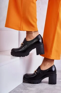 Boto Półbuty Lakierowane|Półbuty Skórzane*Skórzane Półbuty Na Słupku Ze Złotą Ozdobą Czarne Lemar Mikeyla Czarny