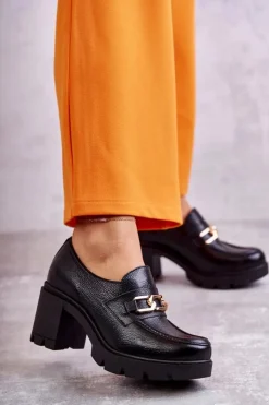 Boto Półbuty Lakierowane|Półbuty Skórzane*Skórzane Półbuty Na Słupku Ze Złotą Ozdobą Czarne Lemar Mikeyla Czarny