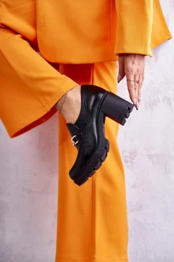 Boto Półbuty Lakierowane|Półbuty Skórzane*Skórzane Półbuty Na Słupku Ze Złotą Ozdobą Czarne Lemar Mikeyla Czarny