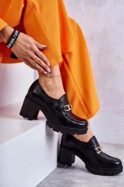 Boto Półbuty Lakierowane|Półbuty Skórzane*Skórzane Półbuty Na Słupku Ze Złotą Ozdobą Czarne Lemar Mikeyla Czarny