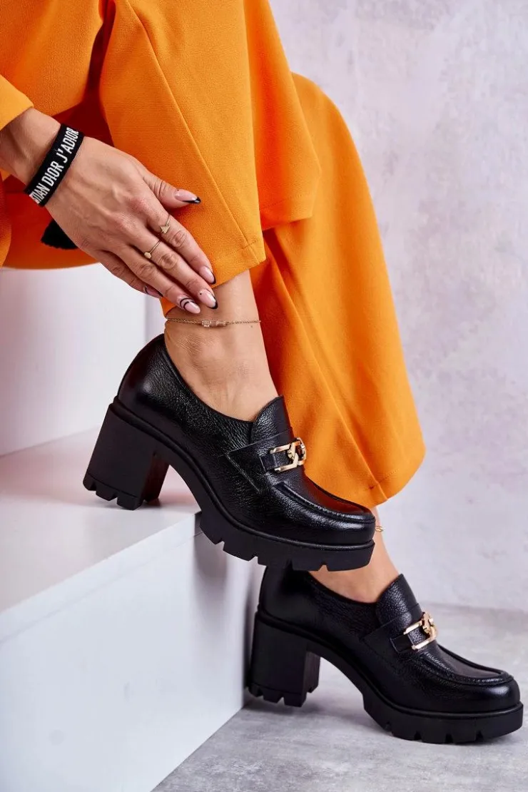 Boto Półbuty Lakierowane|Półbuty Skórzane*Skórzane Półbuty Na Słupku Ze Złotą Ozdobą Czarne Lemar Mikeyla Czarny