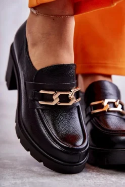 Boto Półbuty Lakierowane|Półbuty Skórzane*Skórzane Półbuty Na Słupku Ze Złotą Ozdobą Czarne Lemar Mikeyla Czarny