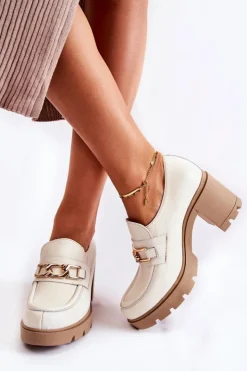 Damskie Boto Skórzane Półbuty Na Słupku Ze Złotą Ozdobą Jasnobeżowe Lemar Mikeyla