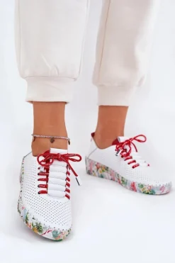 Artiker Buty Sportowe Na Platformie|Półbuty Skórzane*Skórzane Półbuty Na Wzorzystej Platformie 54C1567 Biało-Czerwone