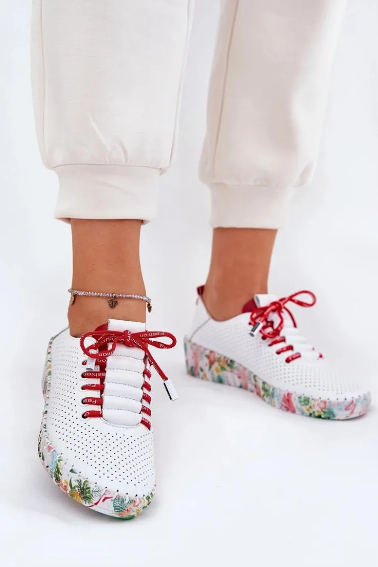 Artiker Buty Sportowe Na Platformie|Półbuty Skórzane*Skórzane Półbuty Na Wzorzystej Platformie 54C1567 Biało-Czerwone