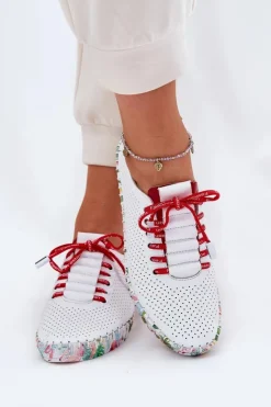 Artiker Buty Sportowe Na Platformie|Półbuty Skórzane*Skórzane Półbuty Na Wzorzystej Platformie 54C1567 Biało-Czerwone