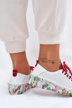 Artiker Buty Sportowe Na Platformie|Półbuty Skórzane*Skórzane Półbuty Na Wzorzystej Platformie 54C1567 Biało-Czerwone