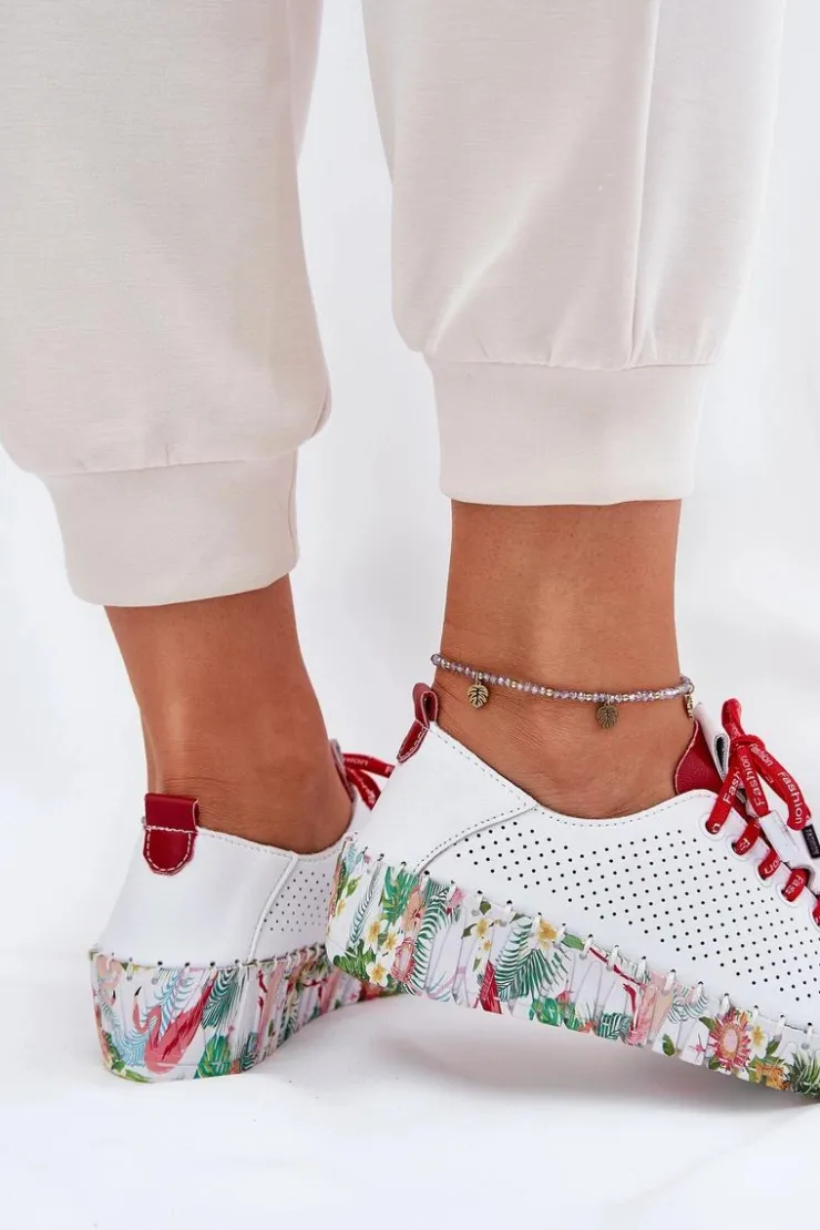 Artiker Buty Sportowe Na Platformie|Półbuty Skórzane*Skórzane Półbuty Na Wzorzystej Platformie 54C1567 Biało-Czerwone