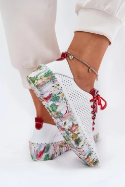 Artiker Buty Sportowe Na Platformie|Półbuty Skórzane*Skórzane Półbuty Na Wzorzystej Platformie 54C1567 Biało-Czerwone