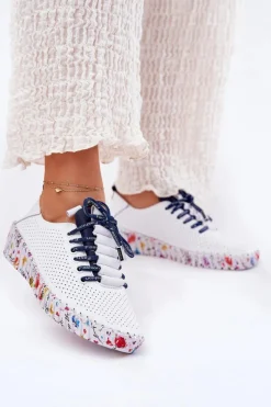 Artiker Buty Sportowe Na Platformie|Półbuty Skórzane*Skórzane Półbuty Na Wzorzystej Platformie 52C1713 Biało-Granatowe