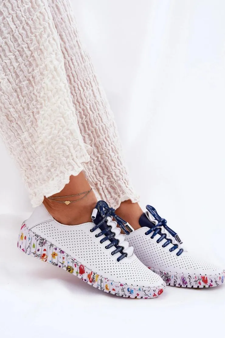 Artiker Buty Sportowe Na Platformie|Półbuty Skórzane*Skórzane Półbuty Na Wzorzystej Platformie 52C1713 Biało-Granatowe