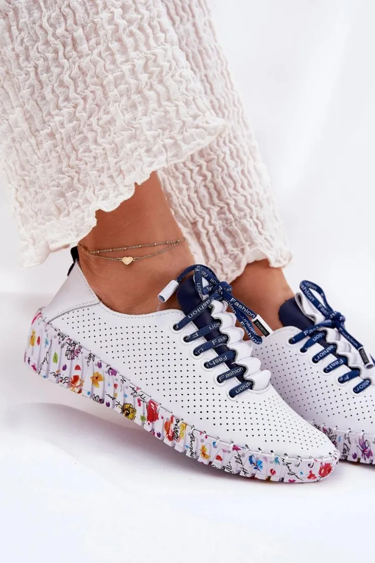 Artiker Buty Sportowe Na Platformie|Półbuty Skórzane*Skórzane Półbuty Na Wzorzystej Platformie 52C1713 Biało-Granatowe