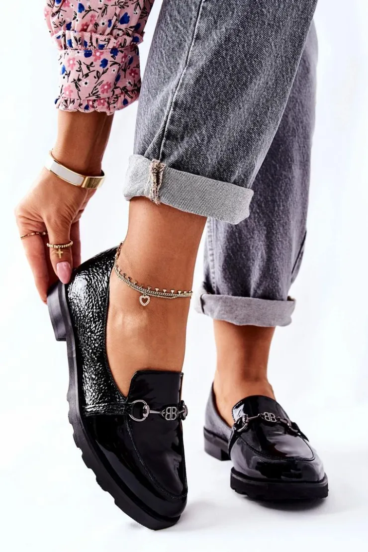 Damskie Boto Skórzane Półbuty Nicole Lakierowane Czarne 2667