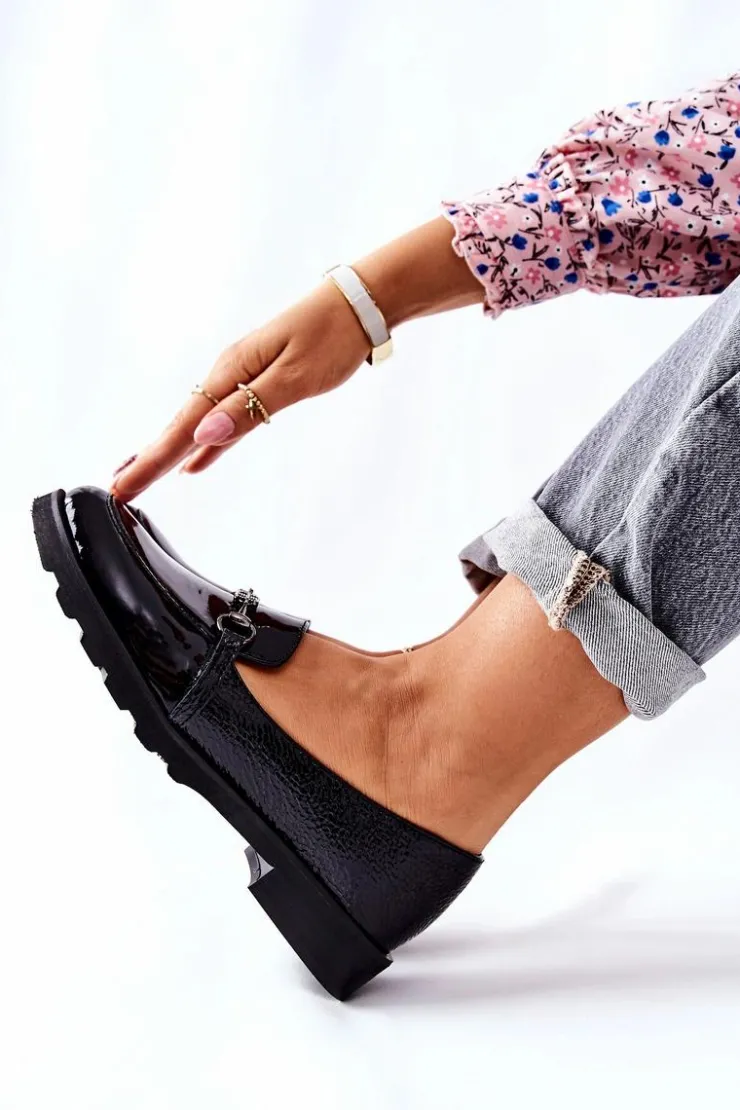 Damskie Boto Skórzane Półbuty Nicole Lakierowane Czarne 2667