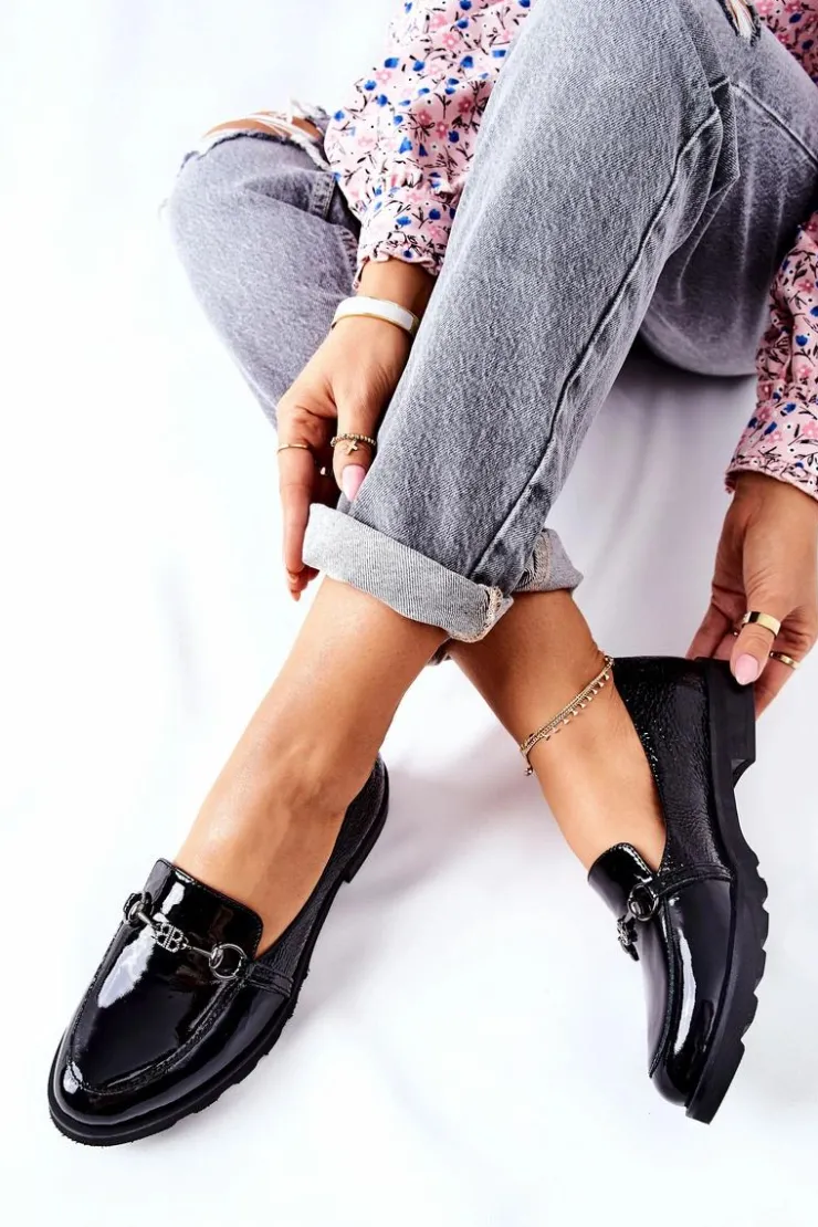 Damskie Boto Skórzane Półbuty Nicole Lakierowane Czarne 2667