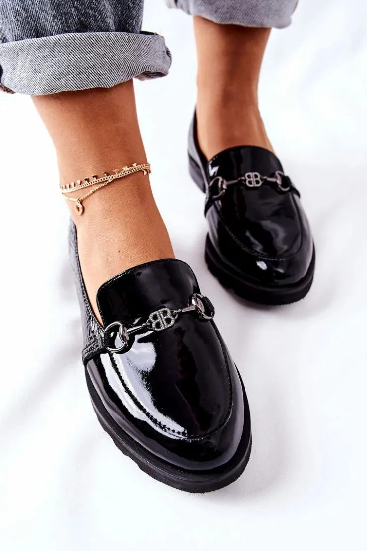 Damskie Boto Skórzane Półbuty Nicole Lakierowane Czarne 2667