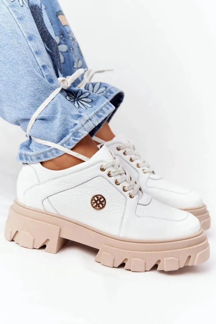 Damskie Boto Skórzane Półbuty Oxfordy Lewski Shoes 3011-0 Białe