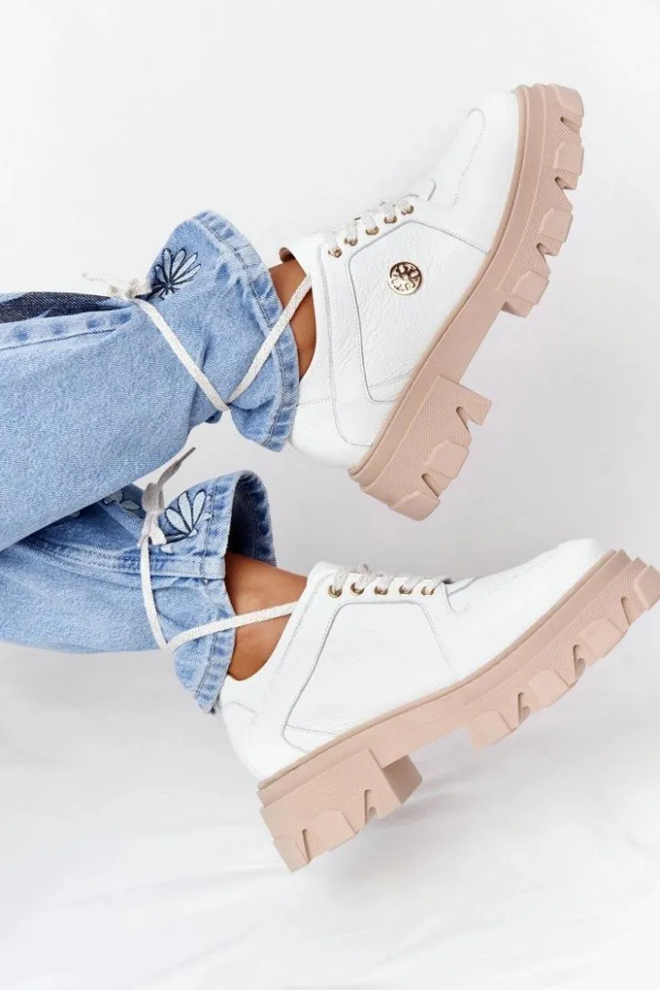 Damskie Boto Skórzane Półbuty Oxfordy Lewski Shoes 3011-0 Białe