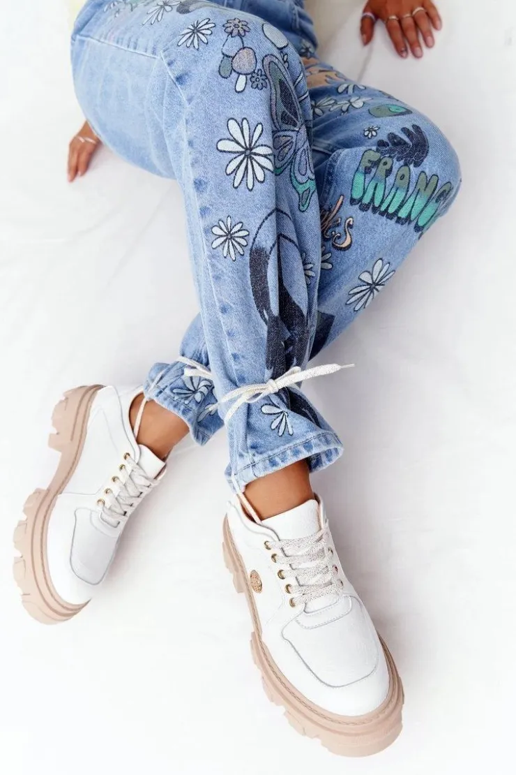 Damskie Boto Skórzane Półbuty Oxfordy Lewski Shoes 3011-0 Białe