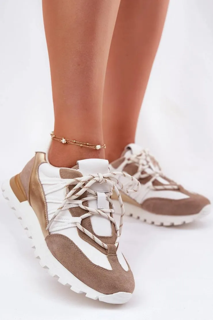 Sale Artiker Skórzane Półbuty Sneakersy Damskie 56C1738 Beżowo-Złote