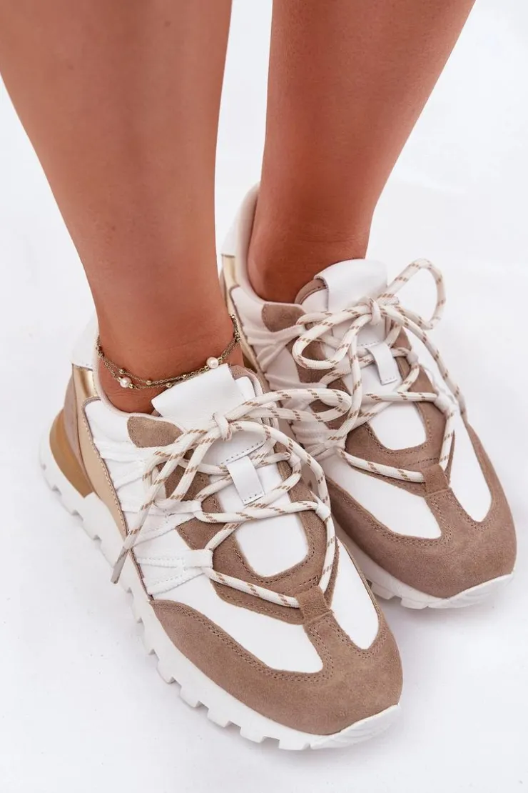 Sale Artiker Skórzane Półbuty Sneakersy Damskie 56C1738 Beżowo-Złote