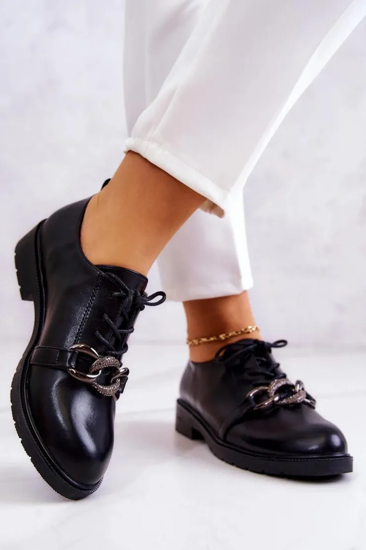 Best Damskie buty S.Barski Skórzane Półbuty Wiązane Z Ozdobą Czarne Larosa