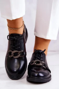 Best Damskie buty S.Barski Skórzane Półbuty Wiązane Z Ozdobą Czarne Larosa