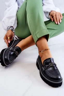 Damskie Damskie buty S.Barski Skórzane Półbuty Wężowe Z Ozdobą Czarne Adison