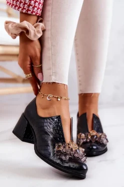 Boto Półbuty Skórzane*Skórzane Półbuty Wzór Krokodyl Z Ozdobą Czarne Delaver