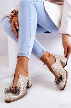 Damskie Boto Skórzane Półbuty Wzór Krokodyl Z Ozdobą Beżowe Delaver