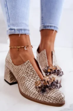 Damskie Boto Skórzane Półbuty Wzór Krokodyl Z Ozdobą Beżowe Delaver