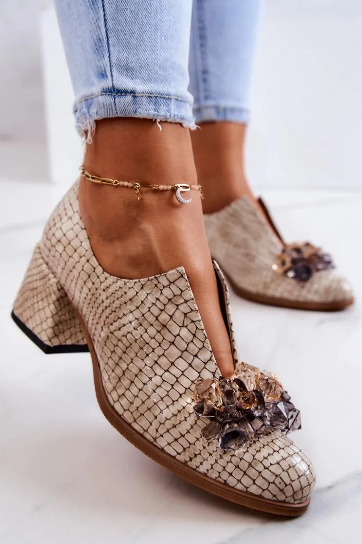 Damskie Boto Skórzane Półbuty Wzór Krokodyl Z Ozdobą Beżowe Delaver