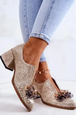 Damskie Boto Skórzane Półbuty Wzór Krokodyl Z Ozdobą Beżowe Delaver