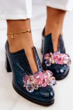 Damskie Boto Skórzane Półbuty Wzór Krokodyl Z Ozdobą Zielone Delaver